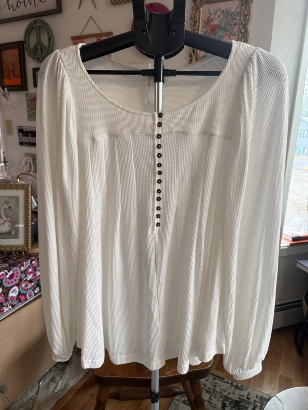 Free People Cream Long Sleeve Button Front Top